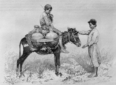Vattenbärare, från Syrien idag. Reser i Fenicien, Libanon och Judéen. 1875-1880 av Louis Charles Emile Lortet, 1884 (bw gravyr) av French School