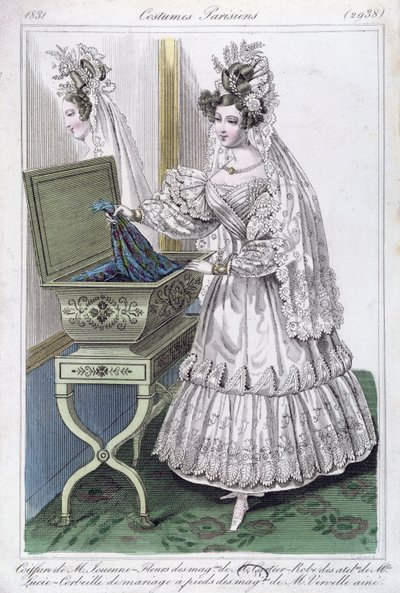 Bröllopsklänning, modetallrik från Costumes Parisiens, 1831 av French School