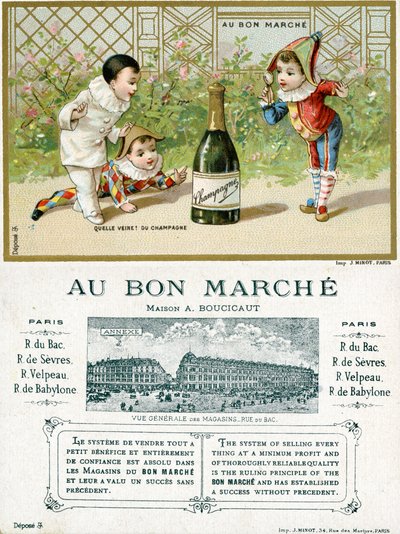 Vilken tur! en flaska champagne; fram- och baksidan av ett reklamkort för Bon Marché-varuhusen i Paris, ca 1895 av French School