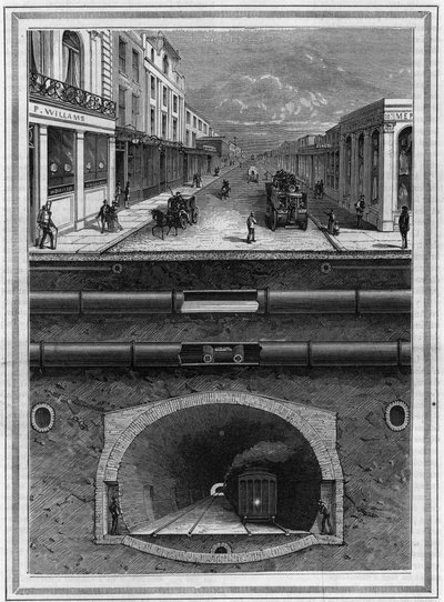 Vad finns under London (Storbritannien): Gasledning, vattenrör, pneumatiskt rör för avfall, avlopp, tunnel och järnväg för storstadsområden. Gravyr i "" La Nature. Revue des sciences et de ses applications aux arts et à l