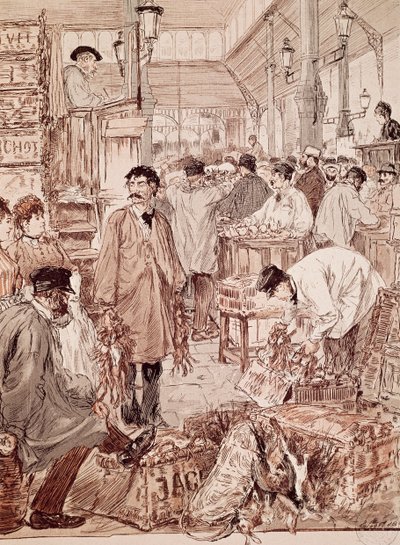 Vildauktion på Les Halles, illustration, Paris, Frankrike av French School