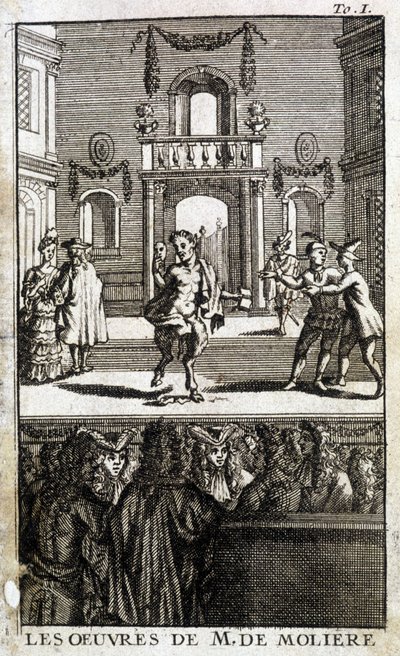 Vilda djur och karaktärer på scen med allmänheten - i "The Works of M. de Molière"" av French School