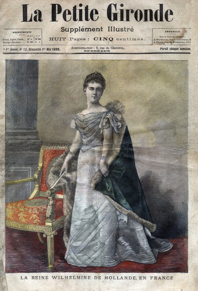 Wilhelmine av Orange-Nassau (1880-1962), drottning av Nederländerna från 1890 till 1948, dotter till Vilhelm III, hon abdikerade till förmån för sin dotter Juliana. Omslag till "La petite Gironde" från maj 1898 (gravyr) av French School
