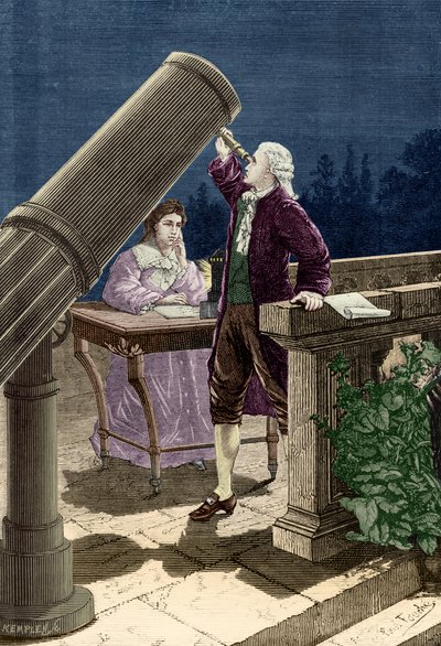William Herschel (1738-1822) Upptäcker planeten Uranus (gravyr) av French School