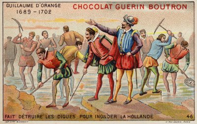 William av Orange förstör vallar för att möjliggöra översvämning av Holland (chromolitho) av French School