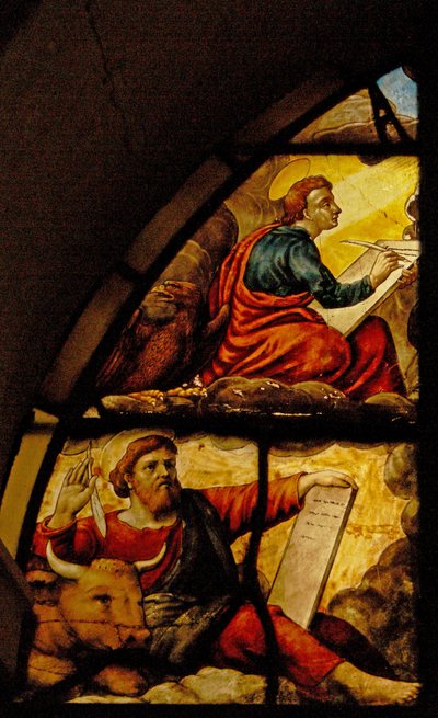 Fönster Charnier-2 som visar evangelisterna med värdens mirakel: St Luke och St John av French School