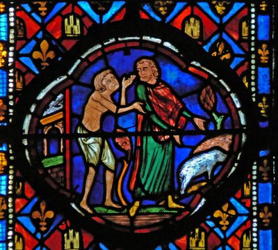 Window Ew-L som visar en scen från historien om den förlorade sonen: efter att ha spenderat alla sina pengar tar han hand om grisar och reflekterar över sin situation av French School