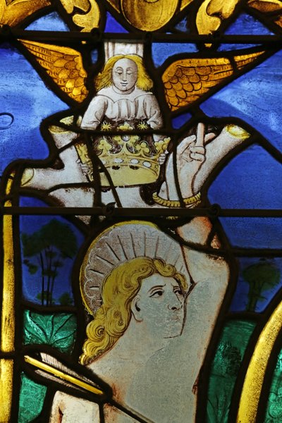 Fönster som föreställer en ängel som placerar en krona på Sankt Sebastians huvud vid hans martyrskap. av French School