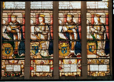 Fönster föreställande Francois de Bourbon (1539-92) Prins Dauphin, Rene dAnjou (1550-74) Duchesse de Montpensier, Henri de Bourbon (1573-1608) Duc de Montpensier och Catherine de Joyeuse, Duchesse de Guis av French School