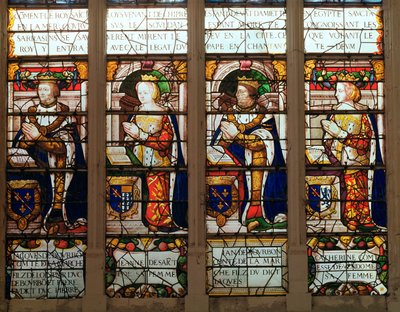 Fönster föreställande Jacques de Bourbon (1315-61) Comte de la Marche, Jeanne de Chatillon-Saint-Pol (d.1371) Jean I de Bourbon (1361-94) och Catherine, Comtesse de Vendome av French School