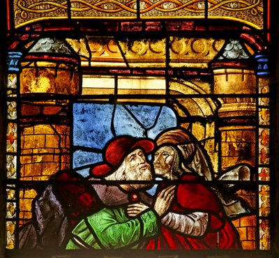 Fönster som visar Saint Anne och Joachim vid Golden Gate (målat glas) av French School