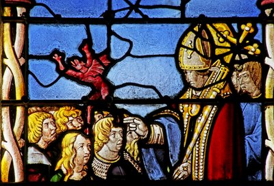 Fönster som visar Saint Cler: exorcierar en demon från Hasterie av French School