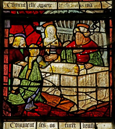Fönster som visar Johannes Döparen och Herodes som tar emot hans huvud (målat glas) av French School