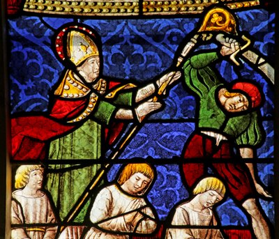 Fönster som visar Sankt Nikolaus vid avrättningen av tre män av French School