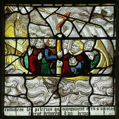Fönster som visar Sankt Nikolaus som räddar pilgrimer från att bli skeppsbrutna i en storm (målat glas) av French School