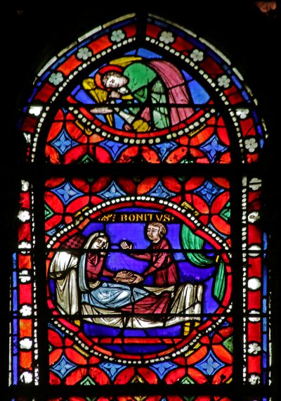 Fönster som visar scen från Saint Bonnets liv: Healing of a Blind Woman av French School