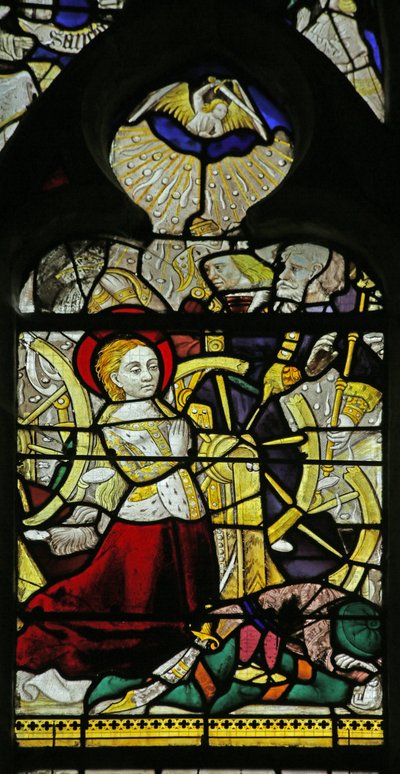 Fönster som visar St Catherine som ber och änglar som bryter hjulet genom att kasta sten, 1460-70 av French School