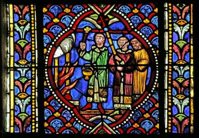 Fönster som visar en scen från Saint Arthemes liv: En brand i staden Clermont kräver förflyttning av Saints Relics. En procession bär relikskrinet och anländer till elden och b av French School