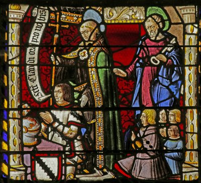 Fönster som visar donatorerna Claude de Crépy och söner med Saint Claude och Saint Peter av French School