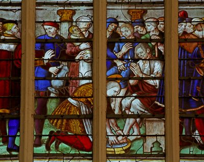 Fönster som visar de fromma och välgörande gärningarna från Saint Louis som genomgår flagellation (målat glas) av French School