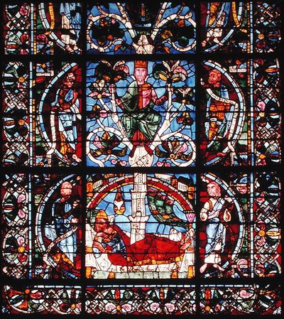Fönster som visar Jesses träd, detalj av den nedre halvan (målat glas) av French School