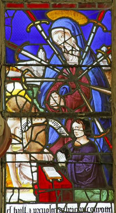 Fönster som visar Jungfrun av sju sorger (målat glas) av French School