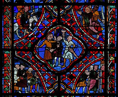 Fönster som visar den fjärde delen av St James-fönstret, w5: En grupp pilgrimer; En scen från legenden om den gömda bägaren; martyrskapet av Saint n av French School