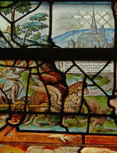 Fönster i Charnier (w.11) som visar en detalj från Mystic Wine Press av French School