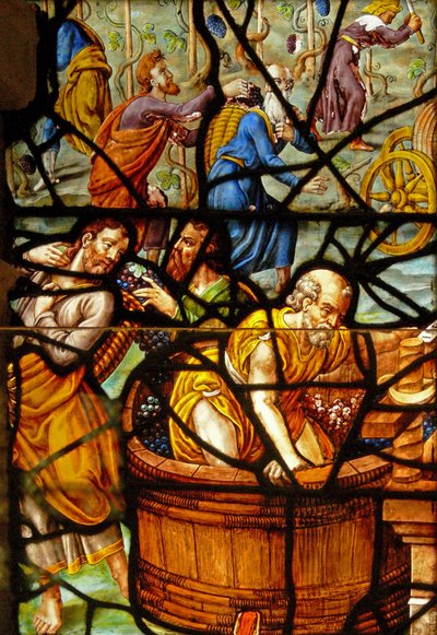 Fönster i Charnier (w.11) som visar en detalj från Mystic Wine Press av French School