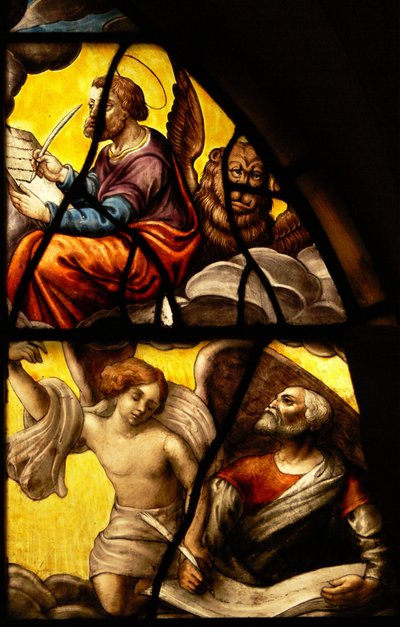 Fönster i Charnier (w.2) som visar en detalj från värdens mirakel: Markus och Matteus av French School