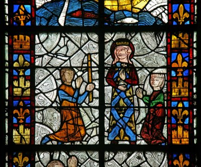 Fönster n1 föreställande Saint Radegonde: Ett botemedel vid helgongraven; från gikt? (Förmodligen inte den traditionella Godas-kuren) av French School