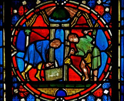Fönster n2-C som visar St Austremoine som bygger kyrkan i Issoire av French School