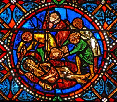 Fönster s4 som visar en scen från St Agathas liv; helgonet steks levande av French School