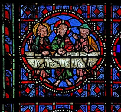 Fönster w02 som visar en uppståndelsescen: Nattvarden i Emmaus av French School