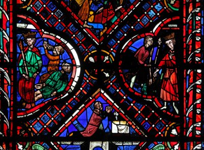 Fönster w03 som visar scener från legenden om St John, inklusive helgonet och den förgiftade bägaren av French School