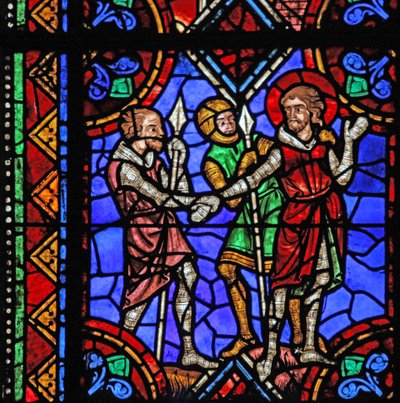 Fönster w06 som visar historien om St Julianus av Brioude - St Ferreol, en vän till Julien, som dog under Diocletianus förföljelser, arresteras av French School