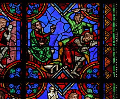 Fönster w06 som visar historien om St Julianus av Brioude - St Ferreol, en vän till Julien, som dog under Diocletianus förföljelser, fångas och misshandlas av French School