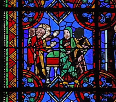 Fönster w06 som visar pilgrimer som kommer till St Brioudes grav av French School