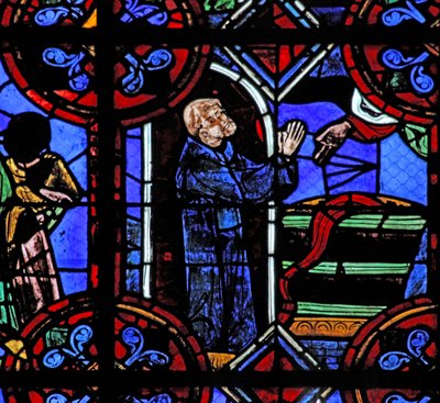 Fönster w06 som visar miraklet med den fulla vintunnan vid grunden av St Juliens kloster av French School
