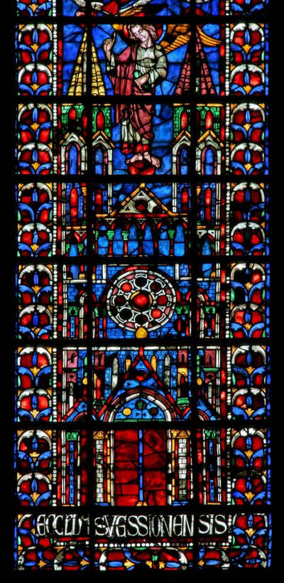 Fönster w102 som visar kyrkans katedral i Soissons av French School