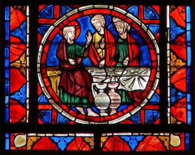 Fönster w109 som visar en scen från Maria Magdalenas liv - vid måltiden på Simons place av French School