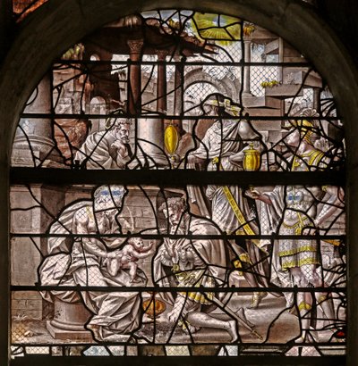Fönster w10 som visar magiernas tillbedjan: design av Durer och anpassningar av Master of Des-designerna för Story of Psyche!n av French School