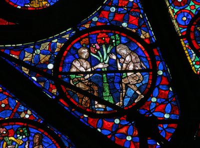 Fönster w115 som visar Adam och Eva förförda av kunskapen om trädet på gott och ont av French School
