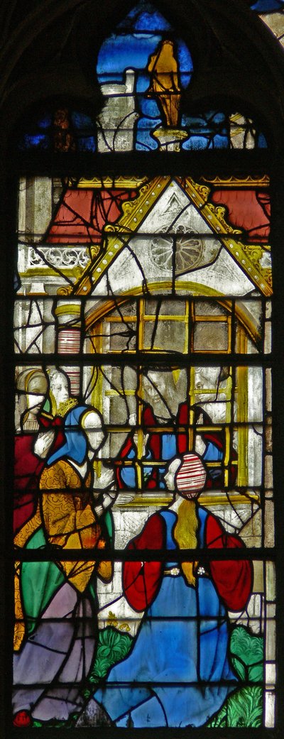 Fönster w119 som visar en scen från St Thomass liv: St Thomas i fängelset besöks av prinsessan Migdomie; Venetianskt glas av French School