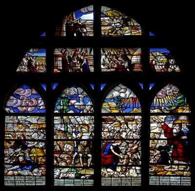 Fönster w128 som visar scener från Moses historia; korsar Röda havet; samla manna av French School