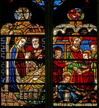 Fönster w132 som visar födelsekyrkan; Mary Cleophas och barnapostlar av French School