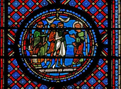 Fönster w14 som visar Simon Magus och St Peter före Herodes av French School
