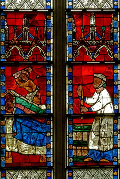 Fönster w15 som visar en scen från en legend om St Nicholas: miraklet med tre pojkar: en slaktare dödar tre pojkar av French School