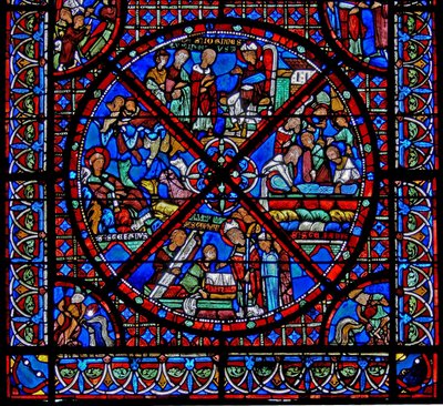 Fönster w15 som visar historien om St Stephens reliker: den nedre delen av fönstret av French School