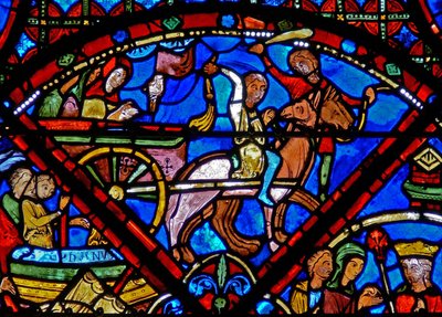 Fönster w15 som visar historien om St Stephens reliker: transport av relikerna med häst och vagn av French School